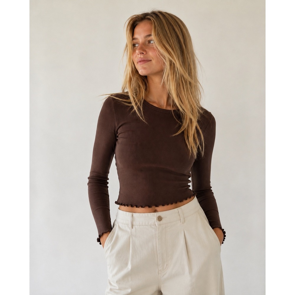 Aeropostale Seriously Soft Shrunken Tee S Brown Ribbed Long Sleeve Lettuce Hem